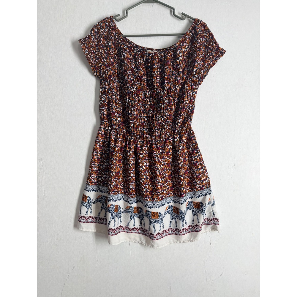 New Glory Boho Elephant Floral Smocked Mini Dress XL Short Sleeve Festival Indie